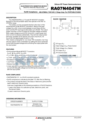 RA07N4047M datasheet - RoHS Compliance , 400-470MHz 7.5W 9.6V, 2 Stage Amp. For PORTABLE RADIO