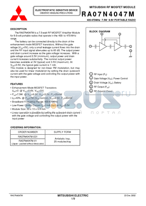 RA07N4047M-01 datasheet - MITSUBISHI RF MOSFET MODULE