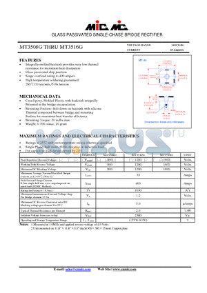 MT3516G datasheet - GLASS PASSIVATED SINGLE-OHASE BPIDGE RECTIFIER
