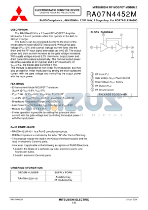 RA07N4452M datasheet - RoHS Compliance , 440-520MHz 7.5W 9.6V, 2 Stage Amp. For PORTABLE RADIO