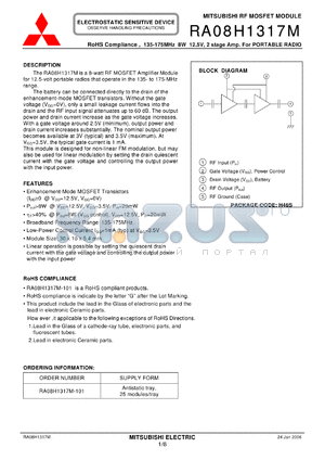 RA08H1317M-101 datasheet - RoHS Compliance , 135-175MHz 8W 12.5V, 2 stage Amp. For PORTABLE RADIO
