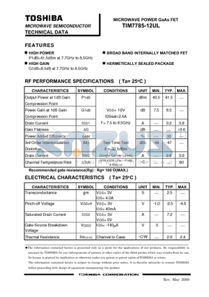 TIM7785-12UL_09 datasheet - HIGH POWER P1dB=41.5dBm at 7.7GHz to 8.5GHz