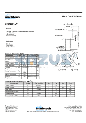 MT3700P-UV datasheet - Metal Can UV Emitter