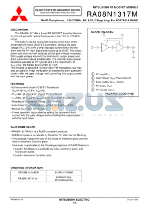 RA08N1317M-101 datasheet - RoHS Compliance , 135-175MHz 8W 9.6V, 2 Stage Amp. For PORTABLE RADIO