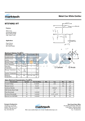 MT3740N2-WT datasheet - Metal Can White Emitter