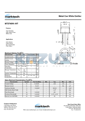 MT3740W-WT datasheet - Metal Can White Emitter