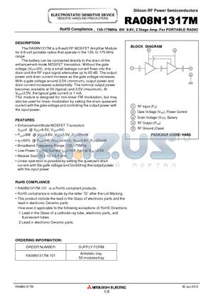 RA08N1317M-101 datasheet - 135-175MHz 8W 9.6V, 2 Stage Amp. For PORTABLE RADIO