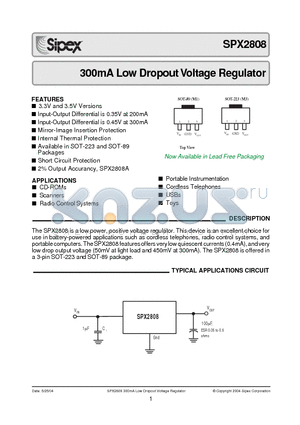 SPX2808 datasheet - 300mA Low Dropout Voltage Regulator