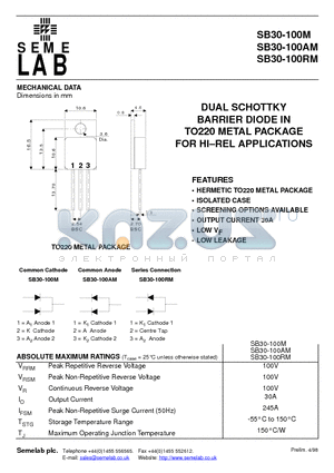 SB30-100AM datasheet - DUAL SCHOTTKY BARRIER DIODE IN TO220 METAL PACKAGE FOR HI-REL APPLICATIONS