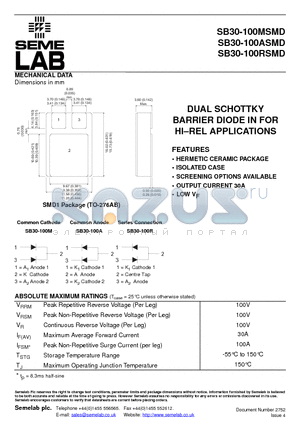 SB30-100ASMD datasheet - DUAL SCHOTTKY BARRIER DIODE IN FOR HI-REL APPLICATIONS