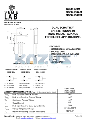 SB30-100MA datasheet - DUAL SCHOTTKY BARRIER DIODE IN TO220 METAL PACKAGE FOR HI-REL APPLICATIONS