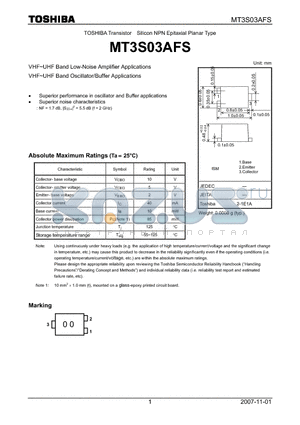 MT3S03AFS datasheet - VHF~UHF Band Low-Noise Amplifier Applications