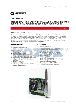 TIO-TA1101B datasheet - STEREO 20W (4-ohm) CLASS-T DIGITAL AUDIO AMPLIFIER CARD USING DIGITAL POWER PROCESSING-TM TECHNOLOGY