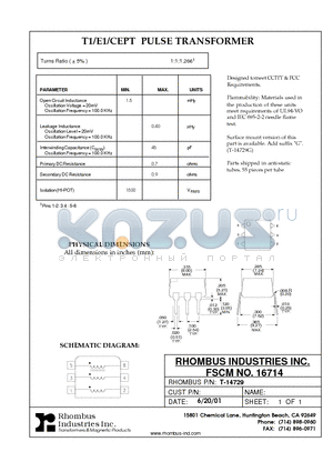 T-14729 datasheet - T1/E1/CEPT PULSE TRANSFORMER