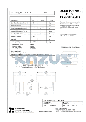 T-1480 datasheet - MULTI-PURPOSE PULSE TRANSFORMER