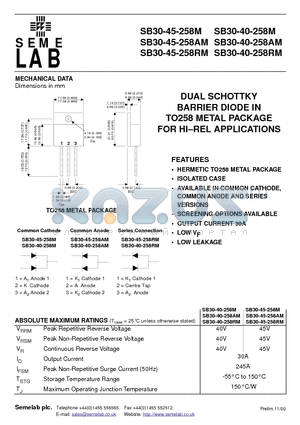 SB30-45-258AM datasheet - DUAL SCHOTTKY BARRIER DIODE IN TO258 METAL PACKAGE FOR HI-REL APPLICATIONS