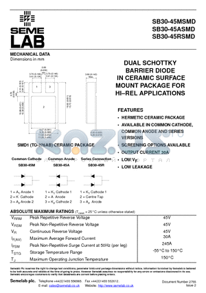 SB30-45ASMD datasheet - DUAL SCHOTTKY BARRIER DIODE