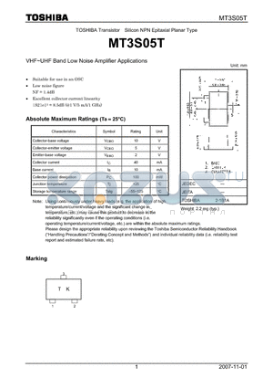 MT3S05T datasheet - VHF~UHF Band Low Noise Amplifier Applications