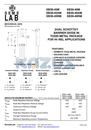 SB30-45M datasheet - DUAL SCHOTTKY BARRIER DIODE IN TO220 METAL PACKAGE FOR HI-REL APPLICATIONS