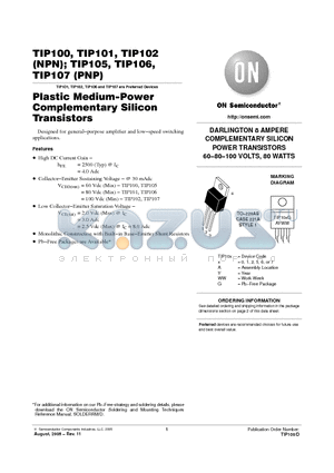 TIP100G datasheet - Plastic Medium−Power Complementary Silicon Transistors