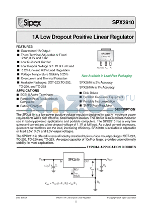 SPX2810AU-2.5 datasheet - 1A Low Dropout Voltage Regulator Adjustable & Fixed Output, Fast Response