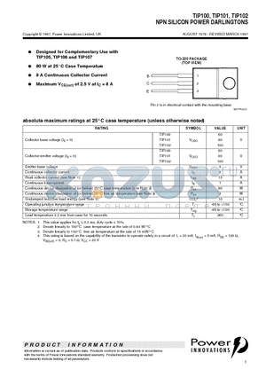 TIP101 datasheet - NPN SILICON POWER DARLINGTONS