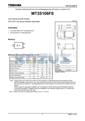MT3S106FS datasheet - VHF-UHF Low Noise Amplifier Application