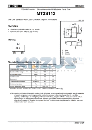 MT3S113 datasheet - VHF-UHF Band Low-Noise, Low-Distortion Amplifier Applications