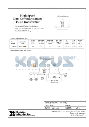 T-1483G datasheet - High Speed Data Communications Pulse Transformer