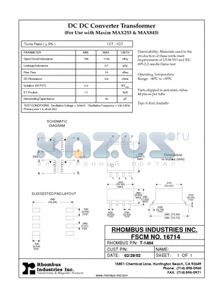 T-1484 datasheet - DC DC Converter Transformer