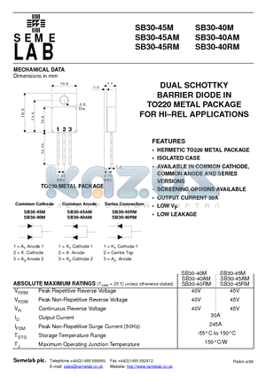 SB30-40AM datasheet - DUAL SCHOTTKY BARRIER DIODE IN TO220 METAL PACKAGE FOR HI-REL APPLICATIONS