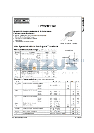 TIP102 datasheet - Monolithic Construction With Built In Base- Emitter Shunt Resistors