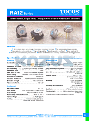 RA12 datasheet - 12mm Round, Single-Turn, Through-Hole Sealed Wirewound Trimmers