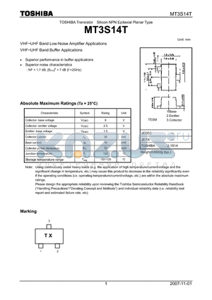 MT3S14T datasheet - VHF~UHF Band Low-Noise Amplifier Applications