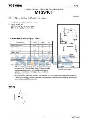 MT3S16T datasheet - VHF~UHF Band Oscillator and Amplifier Applications