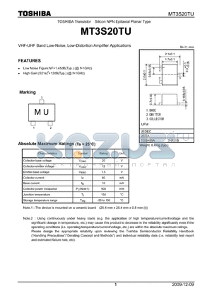 MT3S20TU datasheet - VHF-UHF Band Low-Noise, Low-Distortion Amplifier Applications