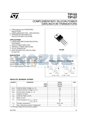 TIP102_03 datasheet - COMPLEMENTARY SILICON POWER DARLINGTON TRANSISTORS