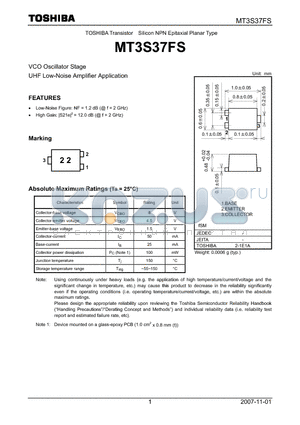 MT3S37FS datasheet - UHF Low-Noise Amplifier Application