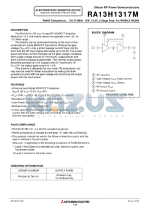 RA13H1317M-101 datasheet - 135-175MHz 13W 12.5V, 2 Stage Amp. For MOBILE RADIO