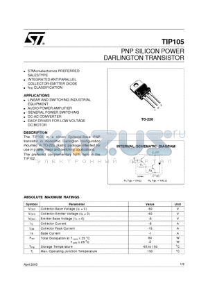 TIP105 datasheet - PNP SILICON POWER DARLINGTON TRANSISTOR