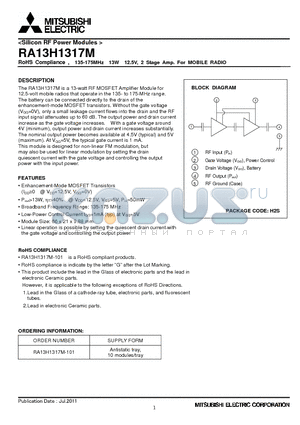 RA13H1317M datasheet - RoHS Compliance , 135-175MHz 13W 12.5V, 2 Stage Amp. For MOBILE RADIO