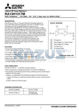 RA13H1317M-101 datasheet - RoHS Compliance , 135-175MHz 13W 12.5V, 2 Stage Amp. For MOBILE RADIO