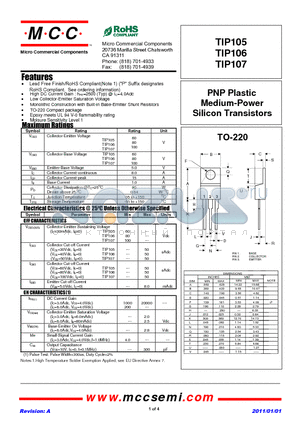 TIP105 datasheet - PNP Plastic Medium-Power Silicon Transistors