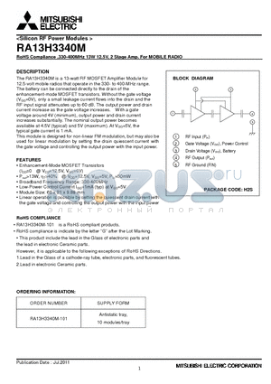RA13H3340M datasheet - RoHS Compliance ,330-400MHz 13W 12.5V, 2 Stage Amp. For MOBILE RADIO