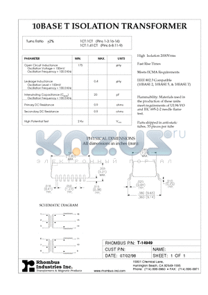 T-14949 datasheet - 10BASE T ISOLATION TRANSFORMER