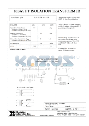 T-14951 datasheet - 10BASE T ISOLATION TRANSFORMER