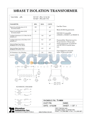 T-14954 datasheet - 10BASE T ISOLATION TRANSFORMER