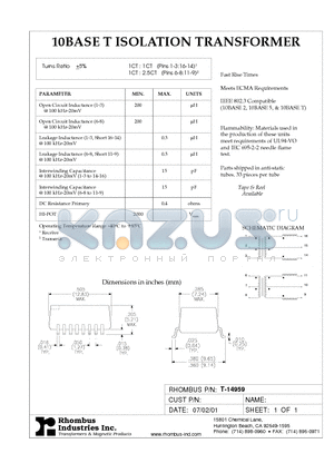 T-14959 datasheet - 10BASE T ISOLATION TRANSFORMER