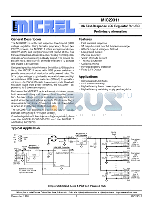 MIC29311 datasheet - 3A Fast-Response LDO Regulator for USB Preliminary Information