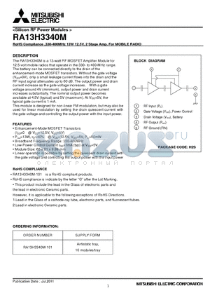 RA13H3340M_11 datasheet - RoHS Compliance ,330-400MHz 13W 12.5V, 2 Stage Amp. For MOBILE RADIO